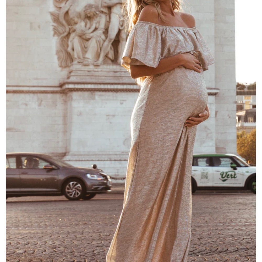 PinkBlush Gold Shimmer Off Shoulder Maternity Dress